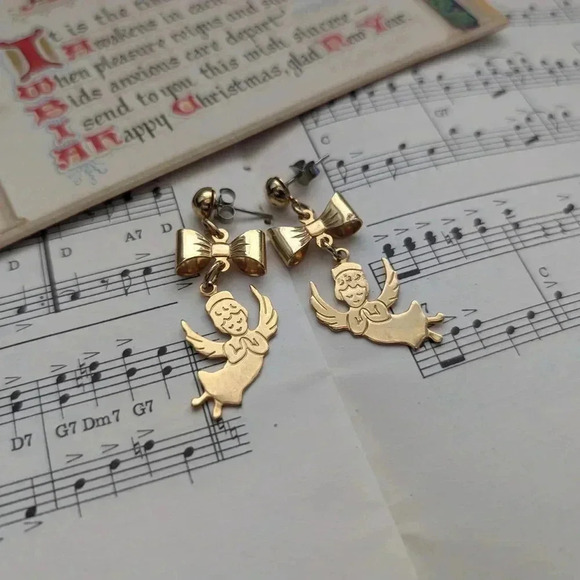 Gold Angel Bow Earrings - Picture 2 of 7